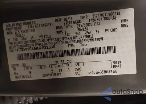 2019 Ford F-150 Xlt из США, поврежденный, VIN 1FTEW1E45KKE22035